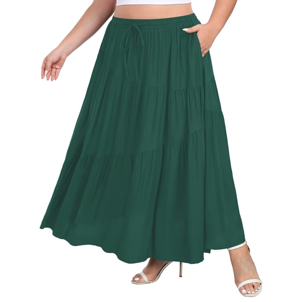 5192 Plus Size Tiered Maxi Skirt Elastic High Waist A Line Flowy Long Maxi
